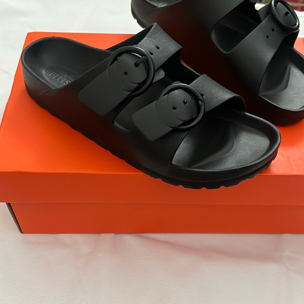 Black Double Strap Slide Sandals